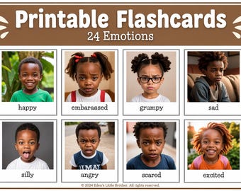 Pode incluir: Flashcards imprimíveis com 24 emoções. Cada cartão mostra uma fotografia de uma criança expressando uma emoção, como feliz, envergonhado, rabugento, triste, bobo, zangado, assustado e animado. Os cartões são projetados para fins educacionais.
