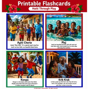 Può includere: Flashcard stampabili "Haiti Through Play" con quattro immagini colorate. Le immagini raffigurano bambini che giocano, nuotano e ballano, accompagnate da testo che descrive la cultura haitiana. Lo striscione superiore presenta fiori di ibisco rossi.