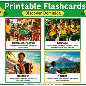 Può includere: Flashcard stampabili "Scopri Dominica" con quattro immagini. Le immagini raffigurano un festival dominicano, il popolo Kalinago, una fisarmonica e un vulcano. Ogni immagine ha un titolo e una breve descrizione.