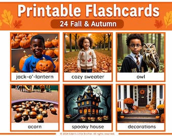 May include: Printable flashcards for fall and autumn. The image features six cards with illustrations of a jack-o'-lantern, cozy sweater, owl, acorns, spooky house, and fall decorations. The text "24 Fall & Autumn" is at the top.