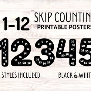 May include: Black and white printable posters for skip counting from 1 to 12. The posters feature large numbers with smaller numbers inside, showing the skip counting sequence. The text "1-12 Skip Counting Printable Posters" and "3 Styles Included" are also included on the posters.