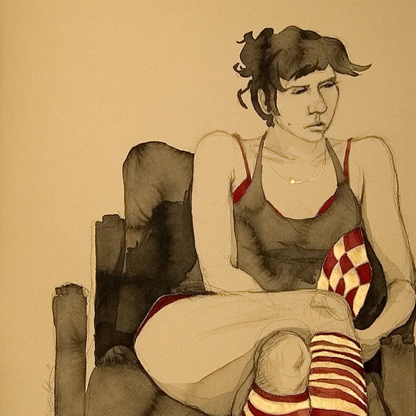 Suzanne w/ Maroon and Gold Socks and Pillow Watercolor and Crayon on tan paper figure drawing original signed