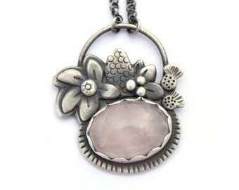 Sterling Silver and Rose Quartz Necklace, Gemstone Jewelry, Ornate Flower Bouquet, Botanical Necklace, One of a Kind Bohemian Floral Pendant