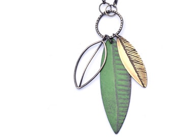 Leaf Necklace, Green Enameled Necklace with Sterling Silver Wire Leaf and Etched Brass Leaf on Sterling Silver Rolo Chain, Boho Necklace