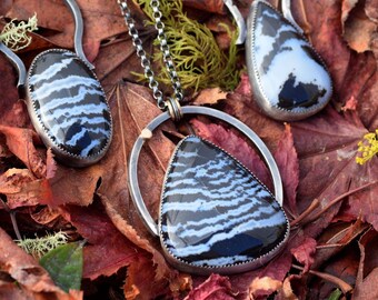 Unique Statement Necklace, Large Pendant, Tear Drop Zebra Stone, Sterling Silver, 14K Gold Accents, 20-inch Cable Chain, Handmade Hook Clasp