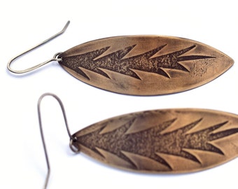 Brass Leaf Earrings: Textured Bohemian Jewelry, Recycled Sterling Silver