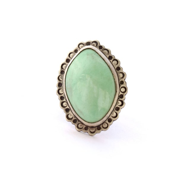 Pale Green Variscite Ring, Hand Stamped Oxidized Silver Ring, Sterling Silver Statement Ring with Stamped Border, Ring Size 7.75