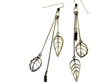 Oxidized Sterling Silver Dangle Earrings: Black Onyx Leaf Jewelry