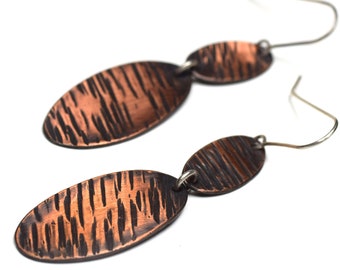 Textured Copper Earrings, Oxidized Oval Dangles with Sterling Silver Jump Rings and Ear Wires, Long Everyday Earrings