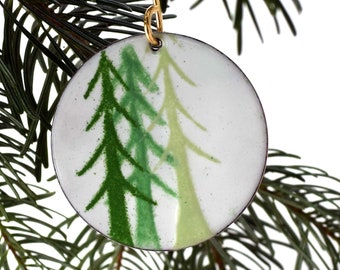 Winter Trees Enameled Ornament, Handcrafted Enamel Tree Ornament with Brass Hook