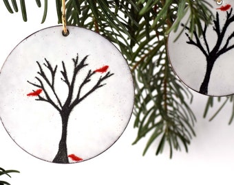 Enameled Winter Tree Ornament: Red Cardinals, Handmade Holiday Decoration