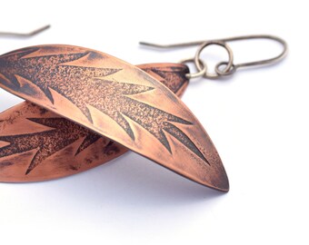 Copper Earrings, Roll Print Copper Leaves with Recycled Sterling Silver Ear Wires, Textured Copper, Bohemian Earrings, Fall Jewelry