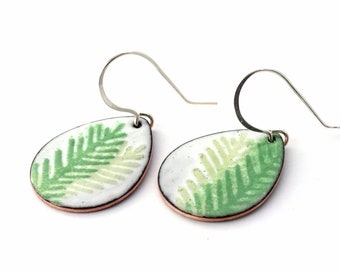 Green Fir Enamel Earrings: Teardrop Dangles, Sterling Silver