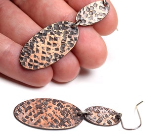 Oxidized Copper Dangle Earrings: Textured Sterling Silver Wires