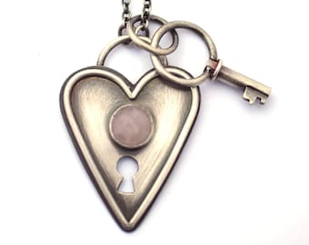 Rose Quartz and Oxidized Sterling Silver Lock and Key Pendant, Key to My Heart Necklace