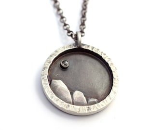 Nature Lover Mountain Medallion, Sterling Silver, Rose Cut Gray Diamond, Night Sky Pendant, Stargazer Landscape Necklace Metalsmith Jewelry