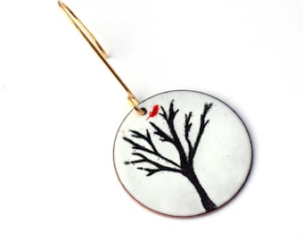 Single Red Cardinal on Bare Winter Tree, Enameled Ornament, Handcrafted Enamel Tree Ornament