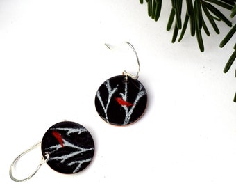 Winter Branches with Red Cardinal Enamel Earrings, Holiday 2022, Festive Jewelry, Glass on Copper with Sterling Silver Ear Wires