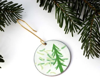 Winter Trees Enameled Ornament, Fir Needles and Evergreen Tree on White Background, Handcrafted Enamel Tree Ornament with Brass Hook