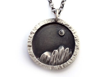 Mountain Medallion, Oxidized Sterling Silver, Rose Cut Gray Diamond, Night Sky Stargazer Landscape, Metalsmith Pendant