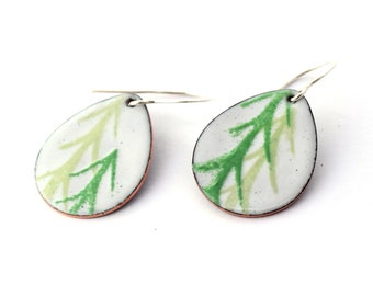Enamel Pine Tree Earrings: Teardrop Dangles, Sterling Silver
