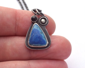 Oxidized Silver Calsilica Necklace: Blue Gemstone Pendant