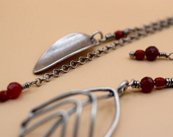 Long Sterling Silver Dangle Earrings, Minimal Leaves, Oxidized Silver and Red Glass Beads, Shoulder Dusters, Asymmetric Jewelry