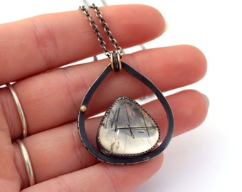 Tourmalinated Quartz Pendant in Handcrafted Sterling Silver Setting with 14K Gold Accents and 18-inch Oxidized Cable Chain