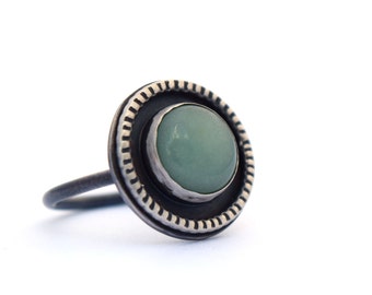 Aventurine and Sterling Silver Ring Size 5.5, Oxidized Silver Jewelry, Hand Stamped Ring, Contemporary Circle Ring, Geometric Jewelry