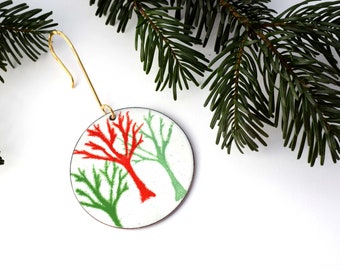 Multicolored Tree Christmas Ornament, Red and Green Enameled Ornament, Holiday Decoration, Handmade Holiday, Winter Scene