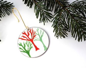 Enameled Christmas Ornament: Handmade Winter Tree Scene