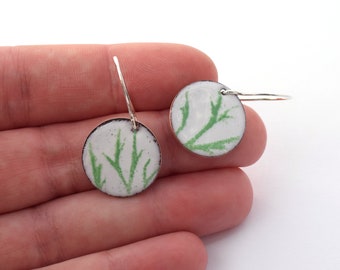 Winter Branches Enamel Earrings, Holiday 2022, Festive Jewelry, Green and White Glass on Copper with Sterling Silver Ear Wires