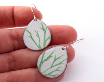 Green Branches Enamel Earrings, Teardrop Dangles, Winter Forest, Holiday 2022, Glass on Copper with Sterling Silver Ear Wires