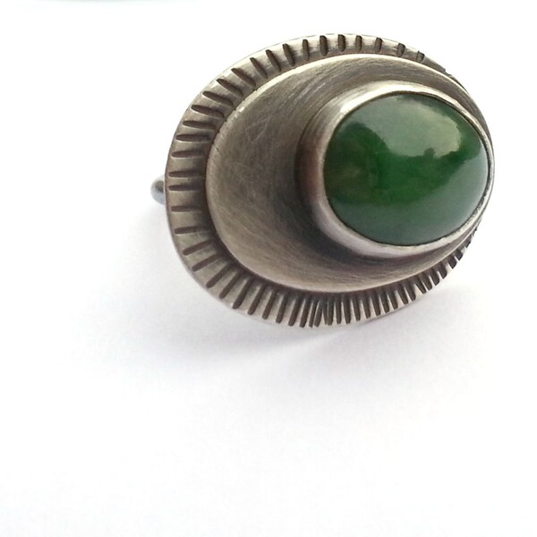 Jade Ring, Siberian Nephrite Jade Ring, Sterling Silver Ring, Statement Ring Size 6, Oxidized Silver Ring, Jade Jewelry, Metalsmith Jewelry