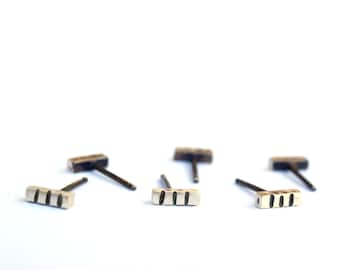 Stamped Bar Studs, Sterling Silver Stud Earrings with Handstaped Stripes and Oxidized Finish, Sterling Silver Push Back Closures