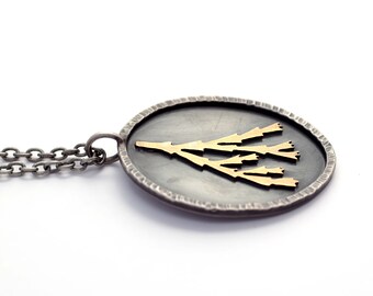 Brass Cedar & Oxidized Sterling Silver Pendant - Nature Talisman