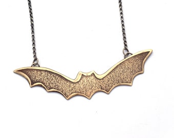 Brass Bat Necklace with Sterling Silver Chain, Horizontal Necklace