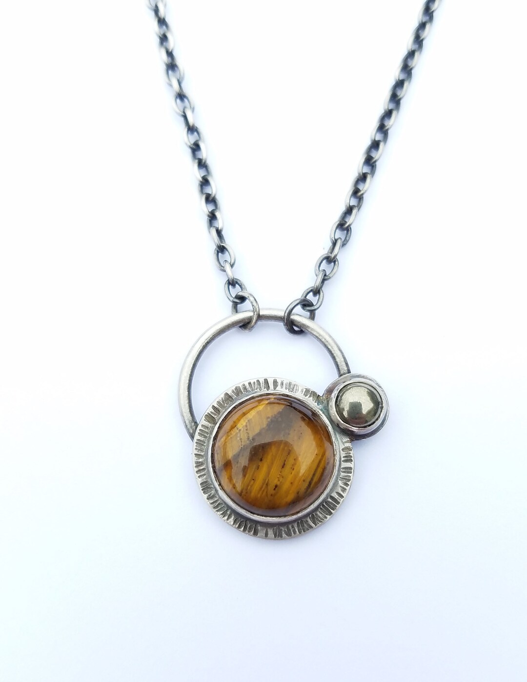 Tiger's Eye Necklace, Oxidized Silver Pendant Inspired by Space With