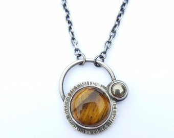 Tiger's Eye Necklace, Oxidized Silver Pendant Inspired by Space with Pyrite Accent Stone and Sterling Silver Cable Chain