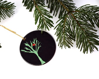 Enameled Red Cardinal Christmas Ornament: Handmade Winter Scene