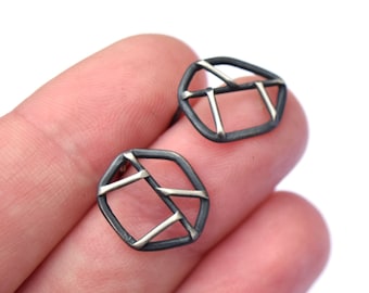 Sterling Silver Geometric Earrings, Oxidized Silver Stud Earrings, Polygon Posts