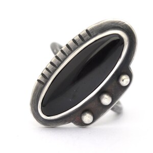 Sterling Silver and Onyx Ring, Oxidized Silver Ring with Hand Stamped Stripes, Recycled Silver Balls, and Brushed Patina, Inspired by Space