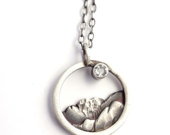 White Topaz Mountain Medallion, Oxidized Sterling Silver, Night Sky Landscape, Stargazer Jewelry, Metalsmith Pendant, Nature Pendant