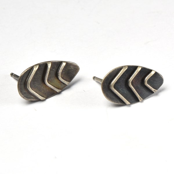 Silver Leaf Earrings, Sterling Silver Studs, Asymmetric Earrings, Oxidized Silver Posts, Botanical Jewelry, Contemporary Metalsmith