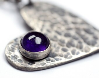 Hammered Sterling Silver Heart Necklace: Purple Iolite Cabochon