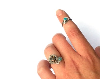 Sterling Silver Ring, Leopard Skin Jasper and Turquoise Ring, Oxidized Silver Ring With Stone, Hand Stamped Ring Size 7, Industrial Jewelry