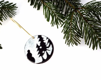 Snowy Scene Enameled Ornament, Handcrafted Enamel Tree Ornament with Snowman and Pine Trees