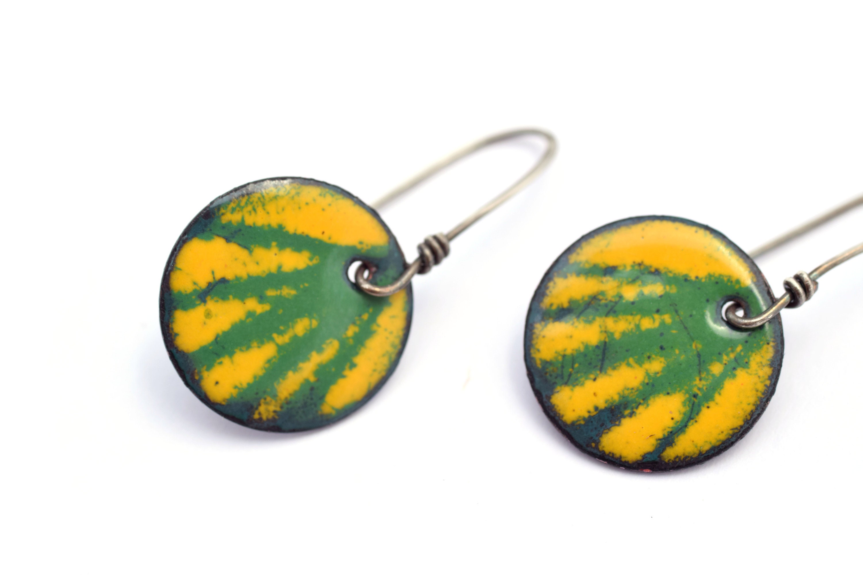 Green and Yellow Enamel Earrings Circle Earrings Striped Etsy Ireland