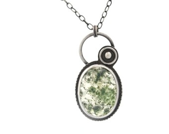 Oxidized Sterling Silver Moss Agate Necklace: Handmade Cabochon Pendant