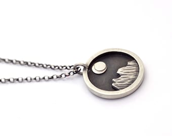 Eclipse Necklace, Mountain Landscape Pendant, Nature Medallion, Oxidized Sterling Silver Jewelry, Contemporary Metalwork